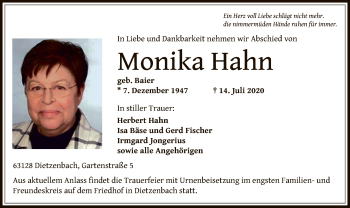 Traueranzeige von Monika Hahn von OF