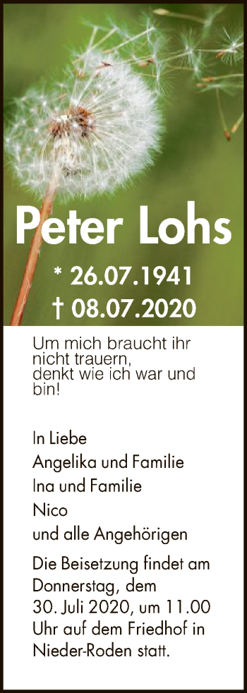 Traueranzeige von Peter Lohs von OF