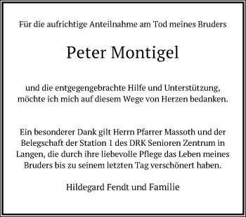 Traueranzeige von Peter Montigel von OF