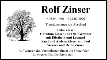 Traueranzeige von Rolf Zinser von OF