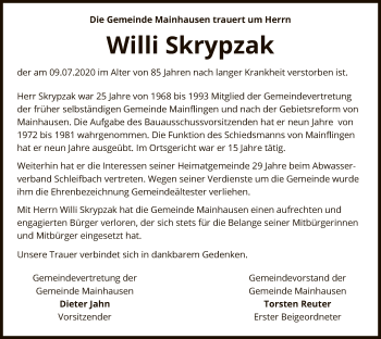 Traueranzeige von Willi Skrypzak von OF