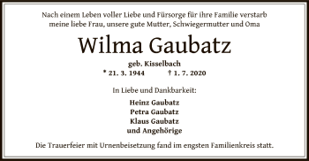 Traueranzeige von Wilma Gaubatz von OF