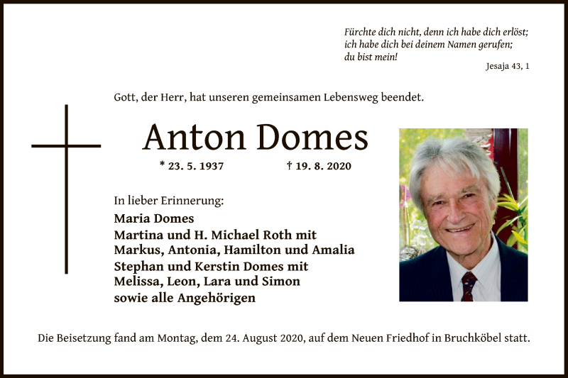  Traueranzeige für Anton Domes vom 29.08.2020 aus OF