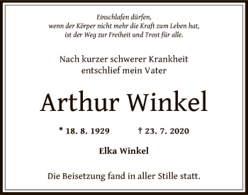 Traueranzeige von Arthur Winkel von OF