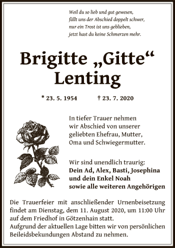 Traueranzeige von Brigitte Lenting von OF