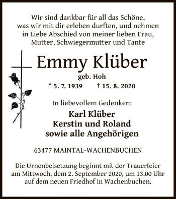 Traueranzeige von Emmy Klüber von OF