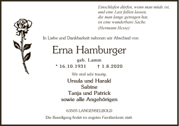 Traueranzeige von Erna Hamburger von OF