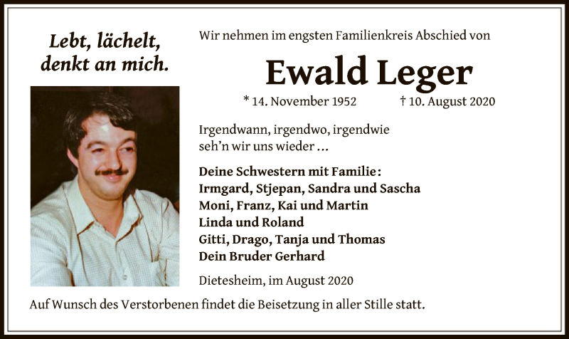  Traueranzeige für Ewald Leger vom 20.08.2020 aus OF