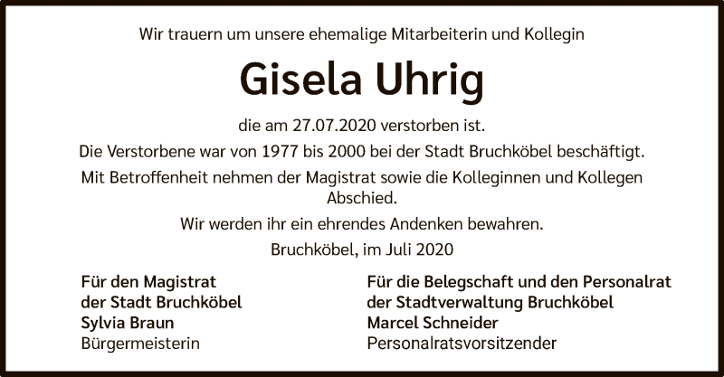  Traueranzeige für Gisela Uhrig vom 01.08.2020 aus OF