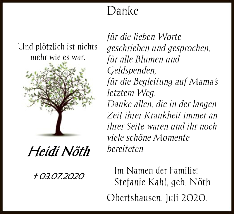  Traueranzeige für Heidi Nöth vom 06.08.2020 aus OF