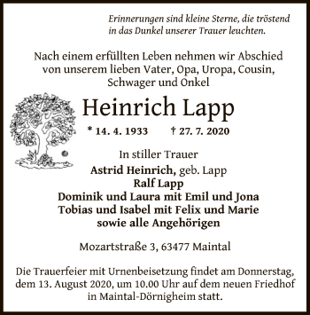 Traueranzeige von Heinrich Lapp von OF