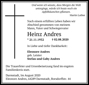 Traueranzeige von Heinz Andres von OF