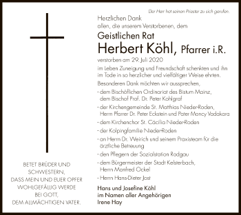 Traueranzeige von Herbert Köhl von OF