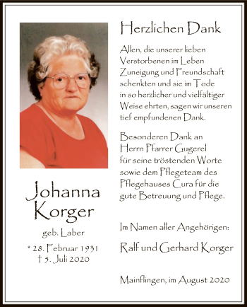 Traueranzeige von Johanna Korger von OF