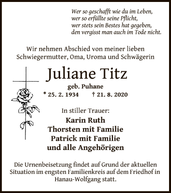 Traueranzeige von Juliane Titz von OF