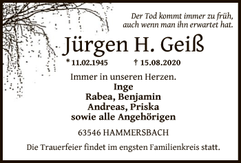 Traueranzeige von Jürgen H. Geiß von OF