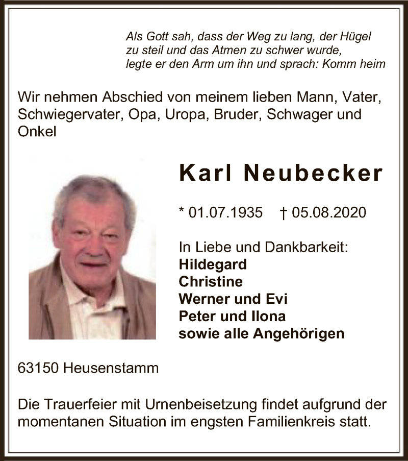  Traueranzeige für Karl Neubecker vom 12.08.2020 aus OF