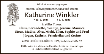 Traueranzeige von Katharine Winkler von OF