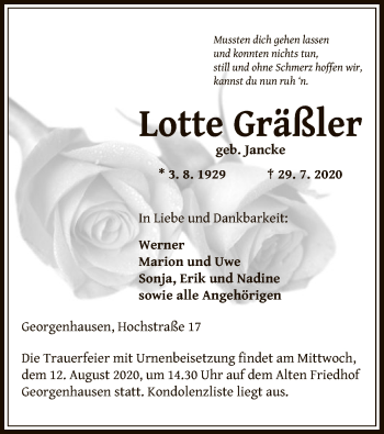 Traueranzeige von Lotte Gräßler von OF