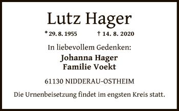 Traueranzeige von Lutz Hager von OF