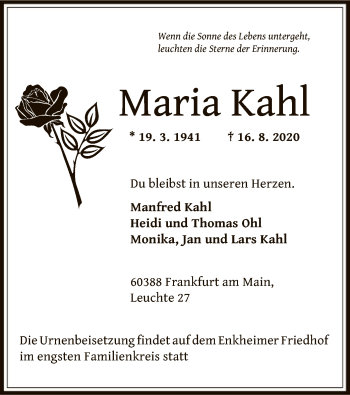 Traueranzeige von Maria Kahl von OF