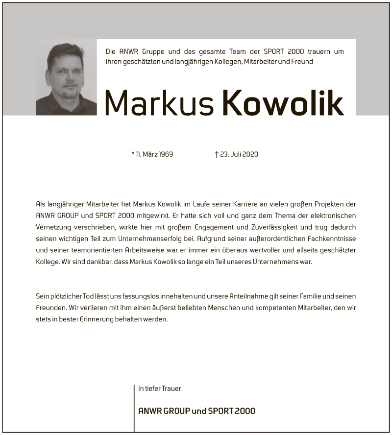  Traueranzeige für Markus Kowolik vom 12.08.2020 aus OF