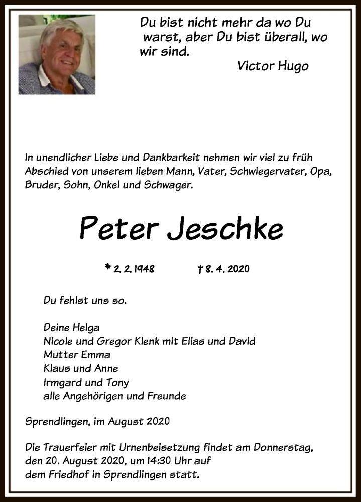  Traueranzeige für Peter Jeschke vom 13.08.2020 aus OF