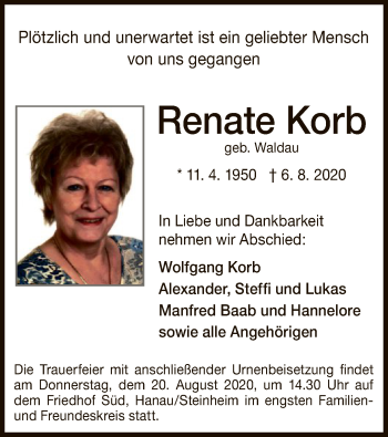 Traueranzeige von Renate Korb von OF