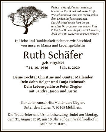 Traueranzeige von Ruth Schäfer von OF