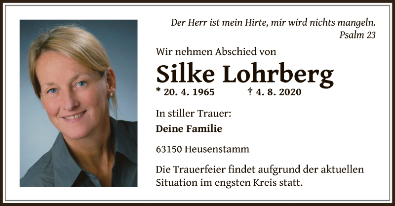  Traueranzeige für Silke Lohrberg vom 12.08.2020 aus OF