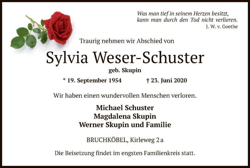  Traueranzeige für Sylvia Weser-Schuster vom 08.08.2020 aus OF