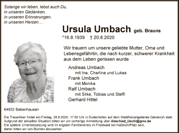 Traueranzeige von Ursula Umbach von OF