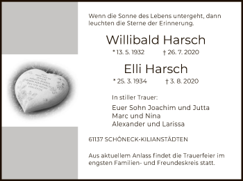 Traueranzeige von Willibald und Elli Harsch von OF