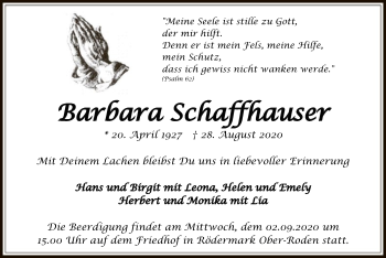 Traueranzeige von Barbara Schaffhauser von OF