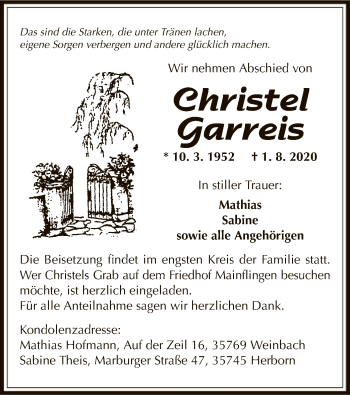 Traueranzeige von Christel Garreis von OF