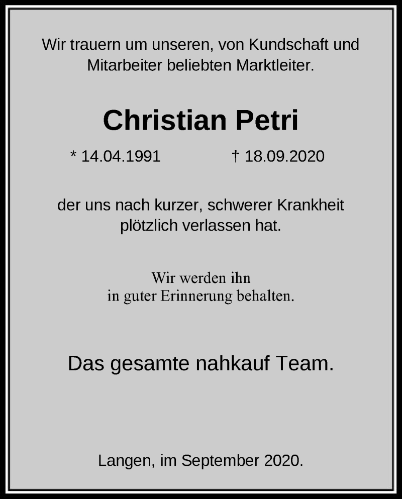  Traueranzeige für Christian Petri vom 24.09.2020 aus OF