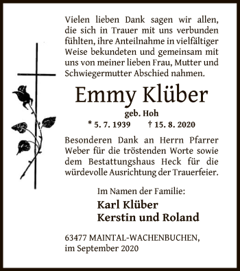 Traueranzeige von Emmy Klüber von OF