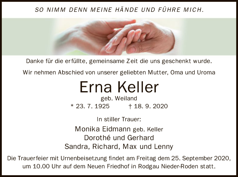  Traueranzeige für Erna Keller vom 24.09.2020 aus OF