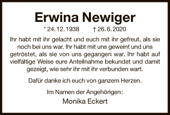 Traueranzeige von Erwina Newiger von OF