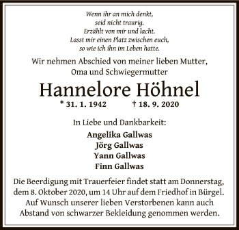 Traueranzeige von Hannelore Höhnel von OF