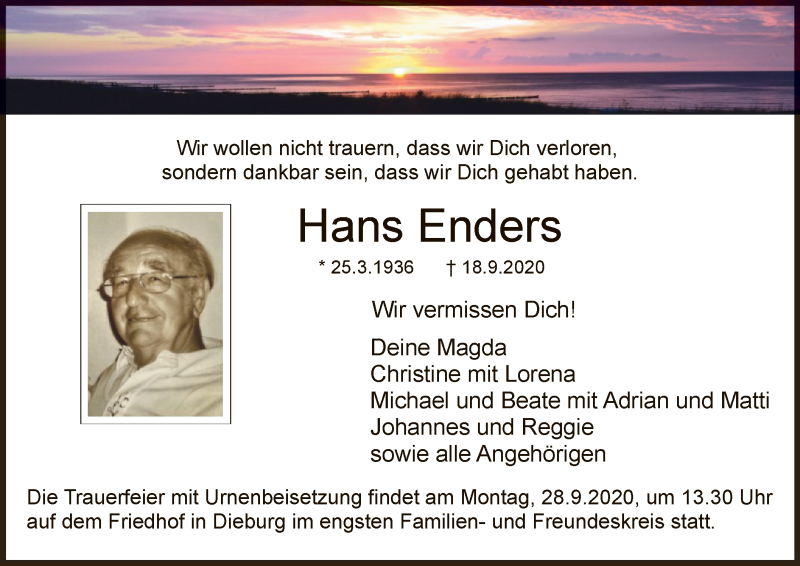 Traueranzeige für Hans Enders vom 26.09.2020 aus OF