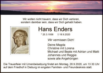 Traueranzeige von Hans Enders von OF