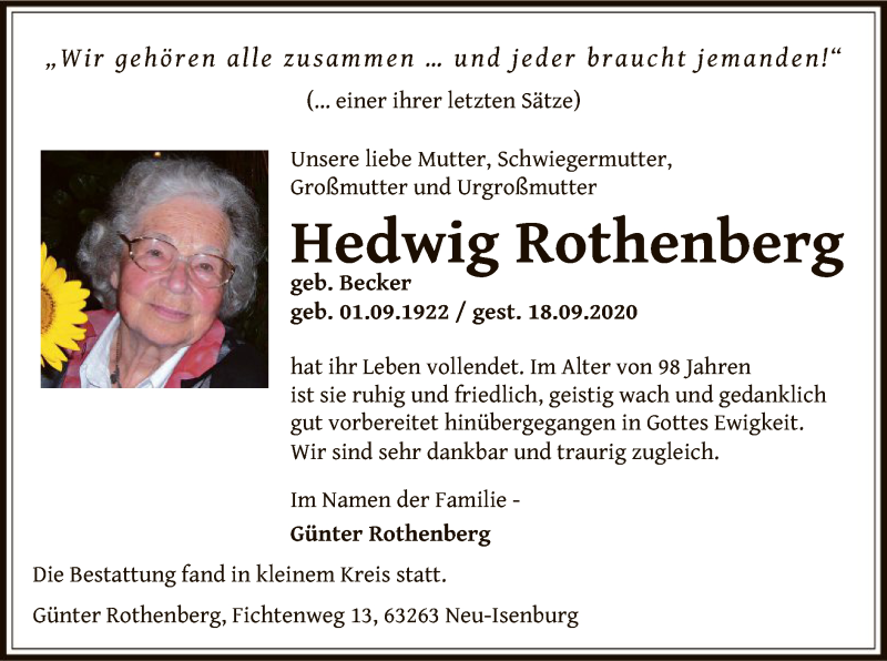  Traueranzeige für Hedwig Rothenberg vom 24.09.2020 aus OF