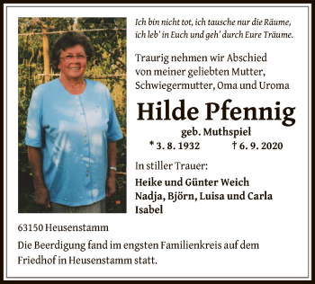 Traueranzeige von Hilde Pfennig von OF