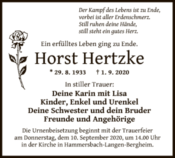 Traueranzeige von Horst Hertzke von OF