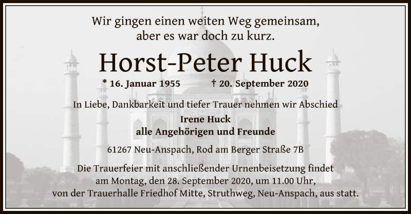  Traueranzeige für Horst-Peter Huck vom 26.09.2020 aus OF