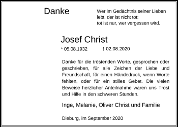 Traueranzeige von Josef Christ von OF