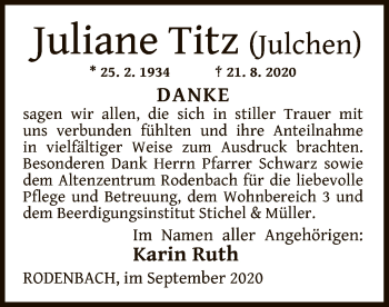 Traueranzeige von Juliane Titz von OF