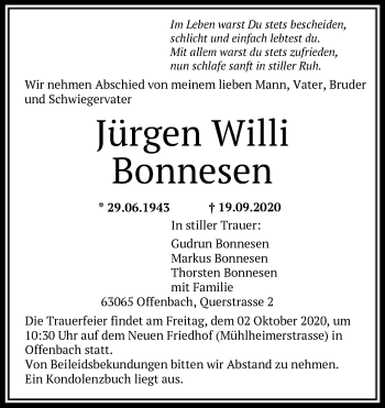 Traueranzeige von Jürgen Willi Bonnesen von OF