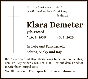 Traueranzeige von Klara Demeter von OF